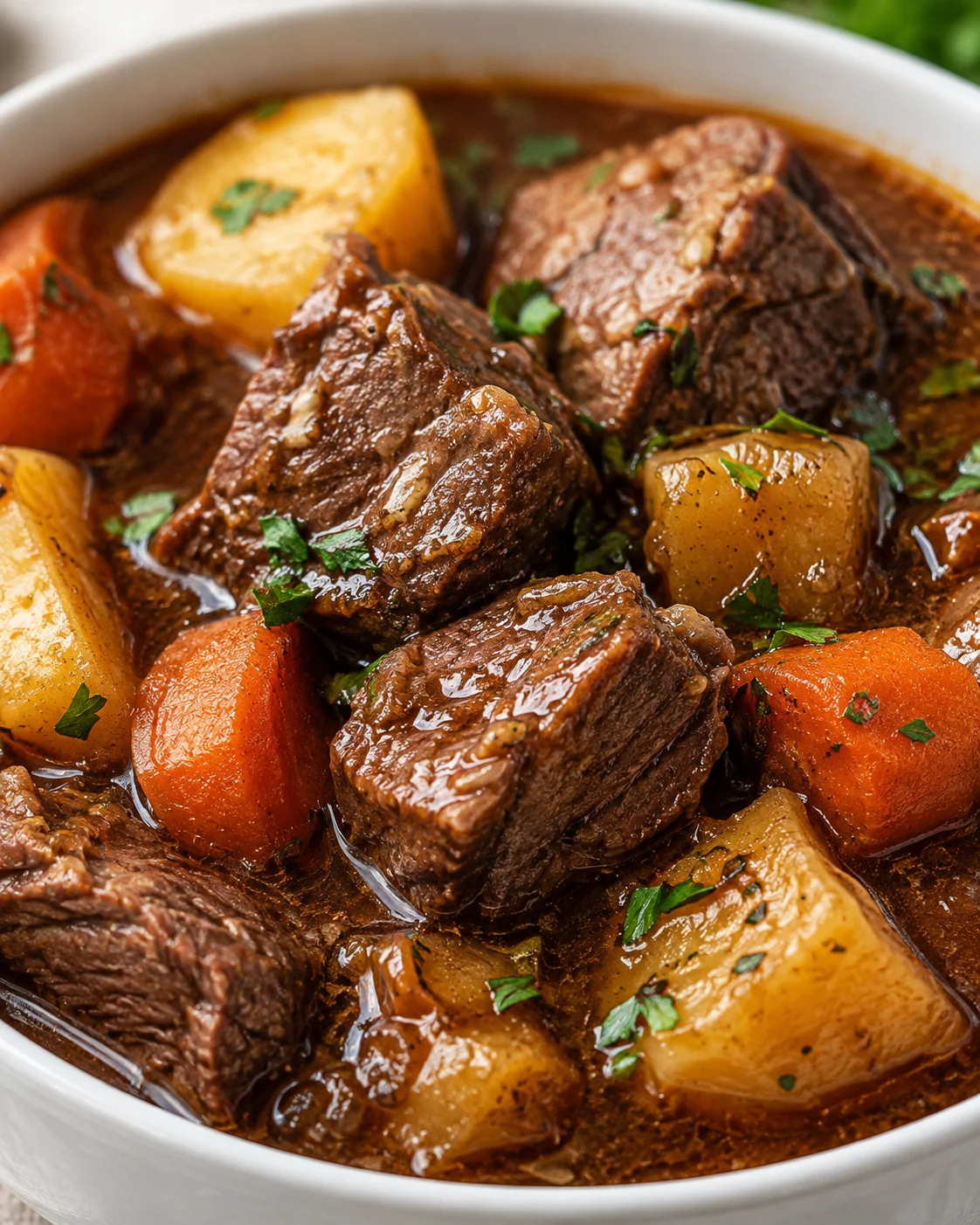 Close-up of beef cubes, potatoes and carrots in Ultimate Slow Cooker Beef Stew