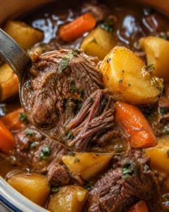 Ladle of Ultimate Slow Cooker Beef Stew showing shredded beef, potatoes and carrots