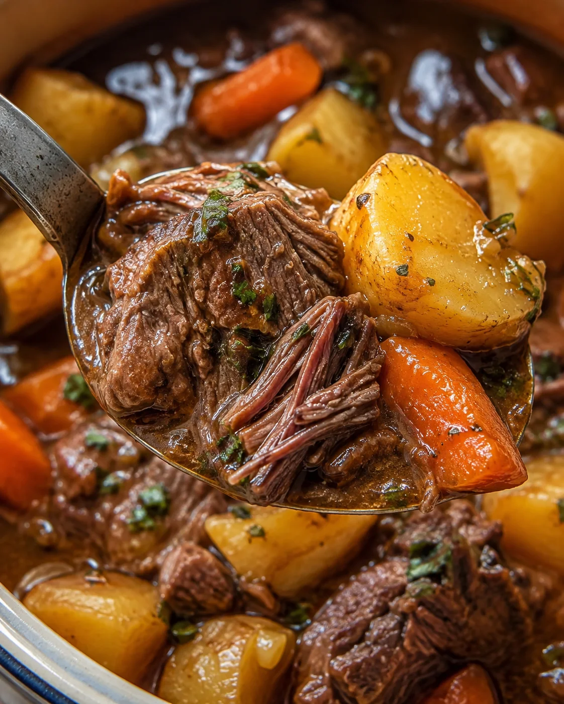 Ladle of Ultimate Slow Cooker Beef Stew showing shredded beef, potatoes and carrots
