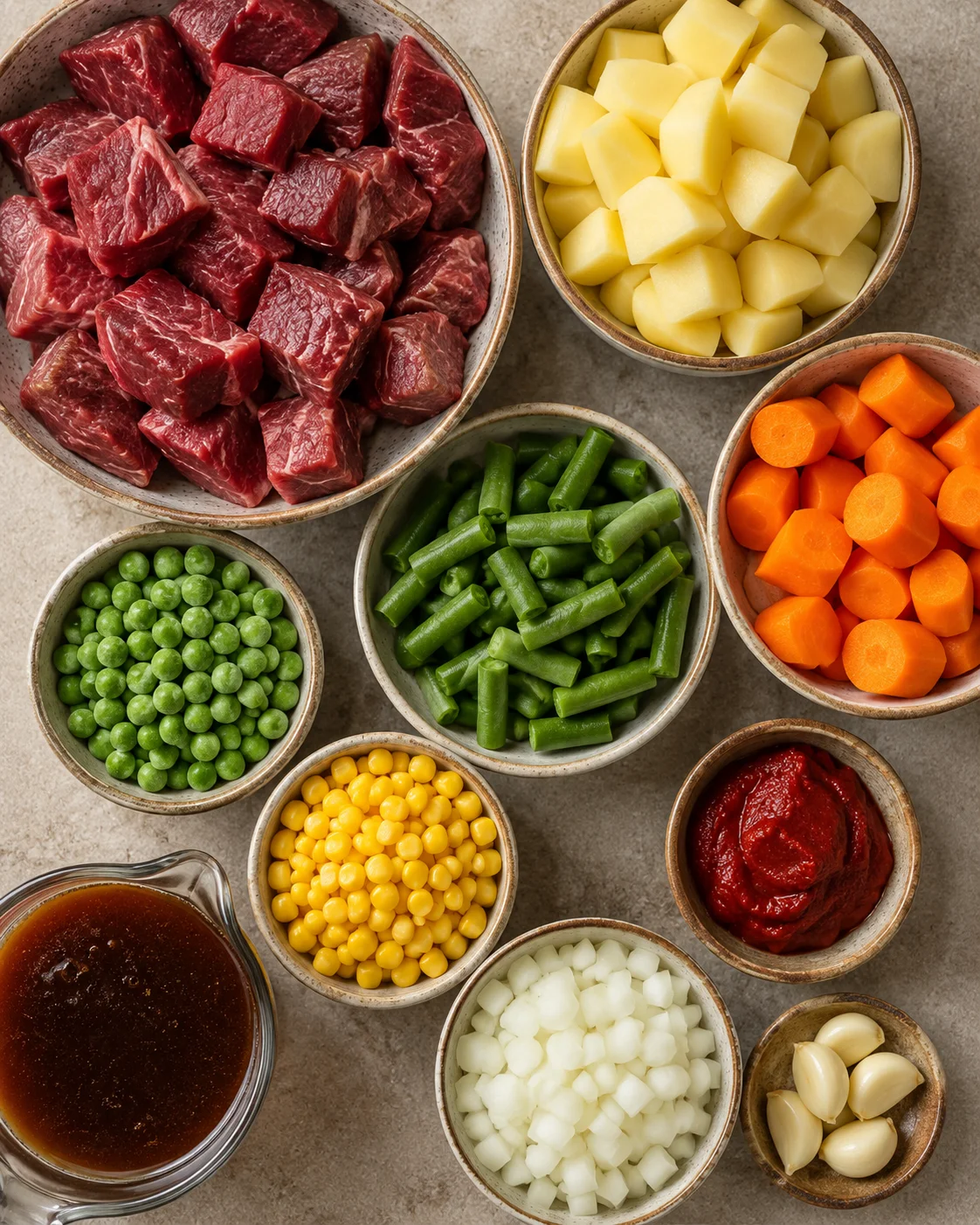 Top-down view of prepared ingredients: cubed beef, peeled diced potatoes, carrots, green beans, peas, corn, onion, garlic and tomato paste