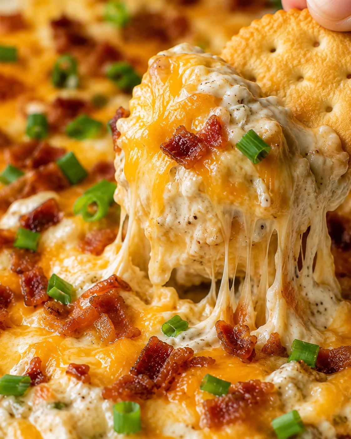 Extreme close-up detail of Warm & Cheesy Crack Dip showing melted cheese strands, creamy dip and bacon crumbles with a cracker at the edge