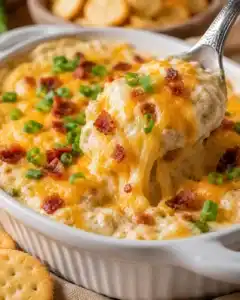 Spoon lifting a gooey spoonful of Warm & Cheesy Crack Dip from a baking dish, with melted cheese, bacon bits and green onions visible
