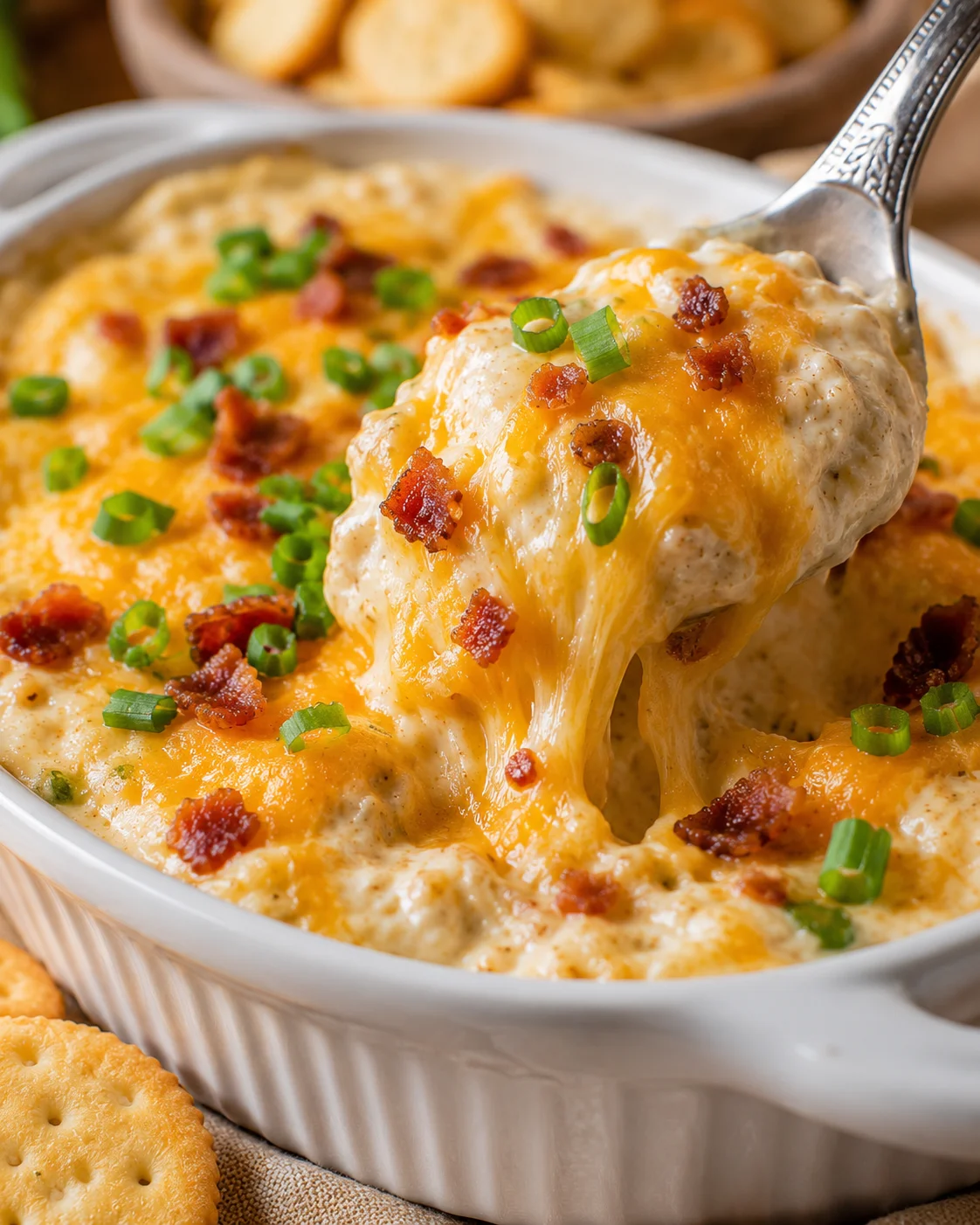 Spoon lifting a gooey spoonful of Warm & Cheesy Crack Dip from a baking dish, with melted cheese, bacon bits and green onions visible