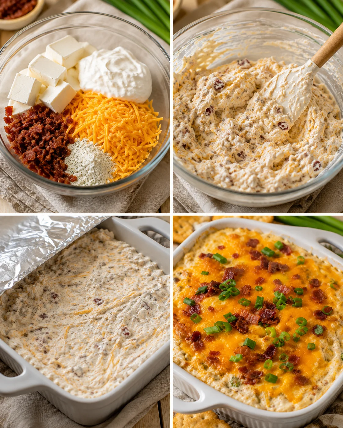 Four-panel collage showing assembling, mixing, spreading and the baked Warm & Cheesy Crack Dip
