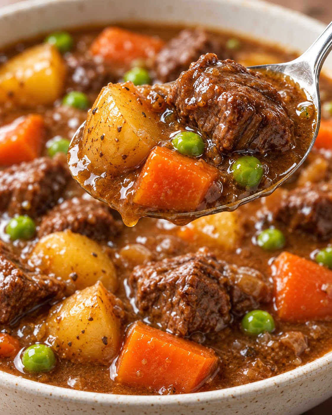 Slow Cooker Beef Stew with Potatoes, Carrots, and Peas hero