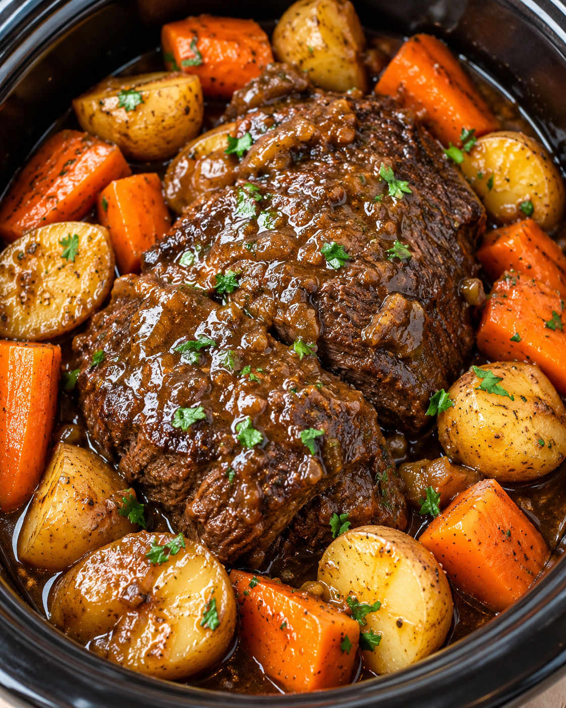 Crock Pot Roast with Potatoes, Carrots, and Gravy hero